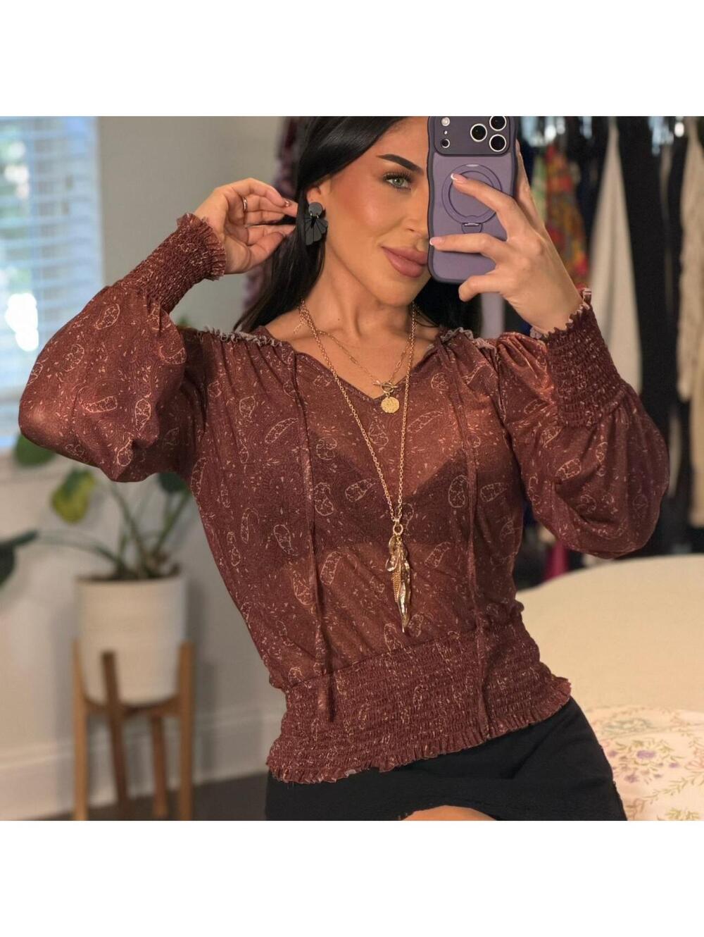 Boho Paisley Smocked Peasant Top Brown Long Sleeve Festival Cottagecore